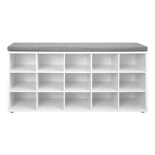 Lyne 41 Inch Shoe Storage Bench, 15 Square Shelves, Gray Sponge, White Wood By Casagear Home