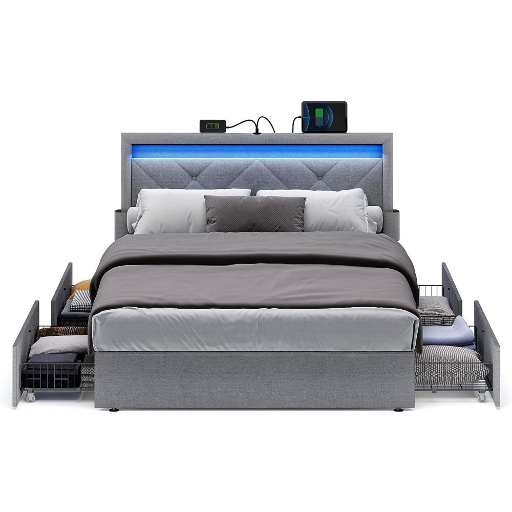 Full Size Bed with 4 Storage Drawers Tall LED Headboard Gray Upholstery By Casagear Home BM316306