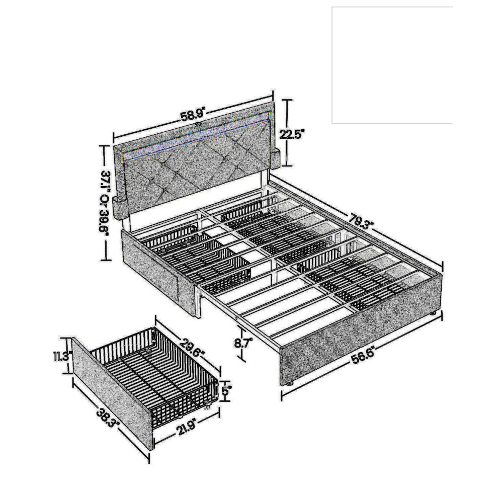 Full Size Bed with 4 Storage Drawers Tall LED Headboard Gray Upholstery By Casagear Home BM316306