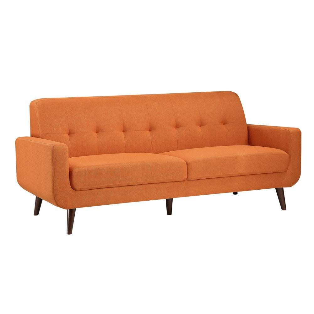 Rim 79 Inch Sofa, Orange Polyester, Tufted Back, Foam Cushions, Brown Wood By Casagear Home