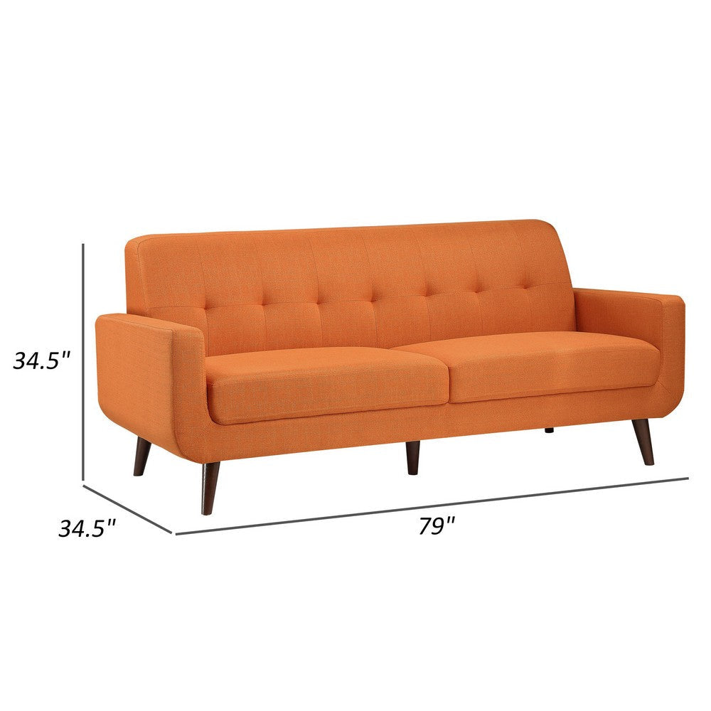 Rim 79 Inch Sofa Orange Polyester Tufted Back Foam Cushions Brown Wood By Casagear Home BM316313