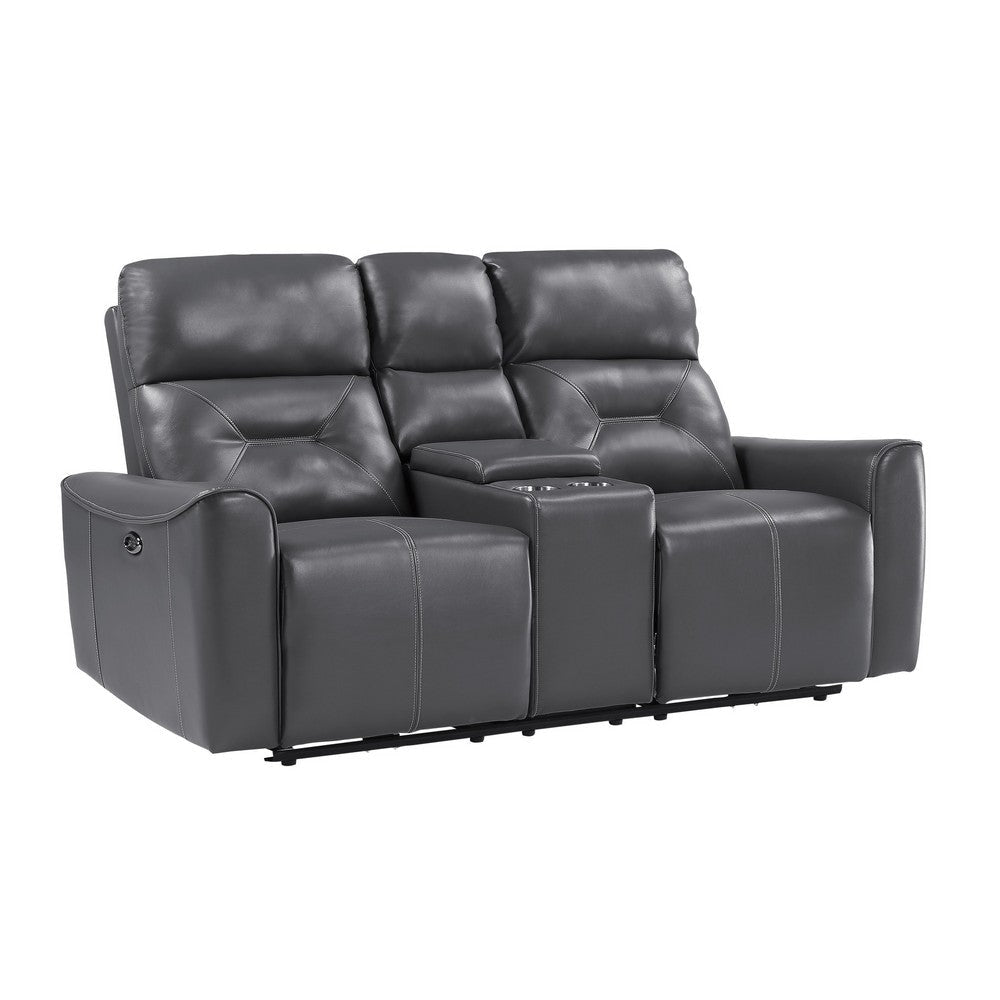 Well 73 Inch Power Double Recliner Loveseat, Dark Gray Faux Leather, Wood By Casagear Home