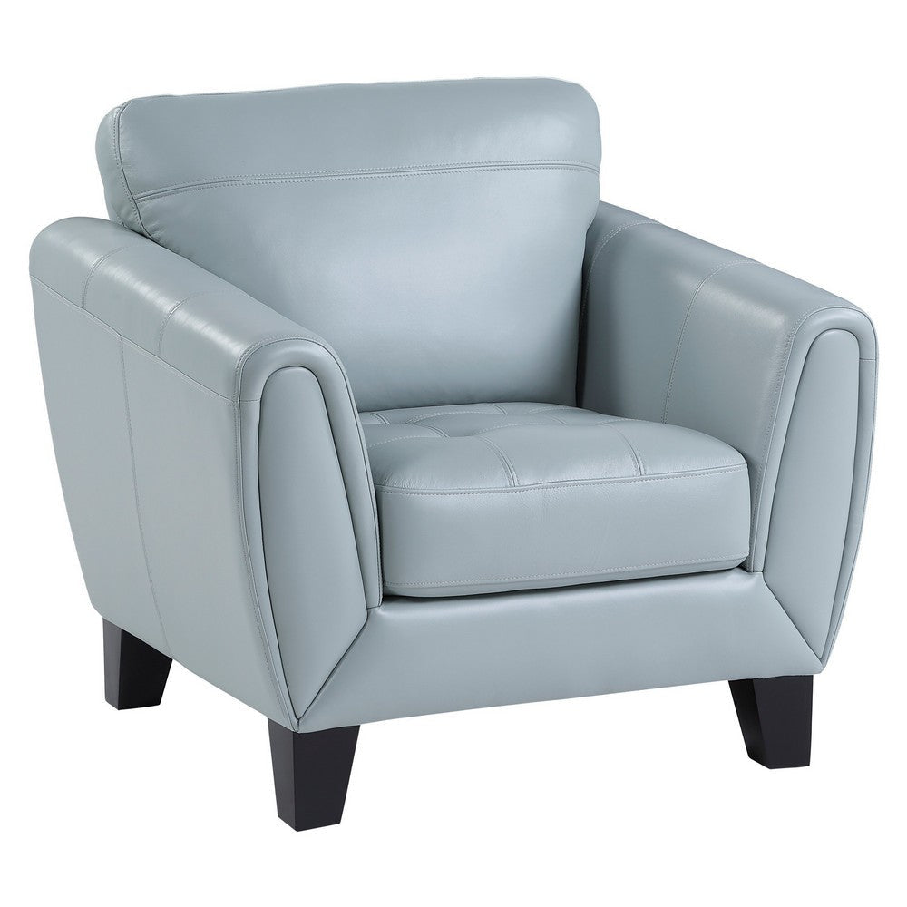 Sofy 37 Inch Accent Chair, Aqua Blue Top Grain and Faux Leather, Solid Wood By Casagear Home