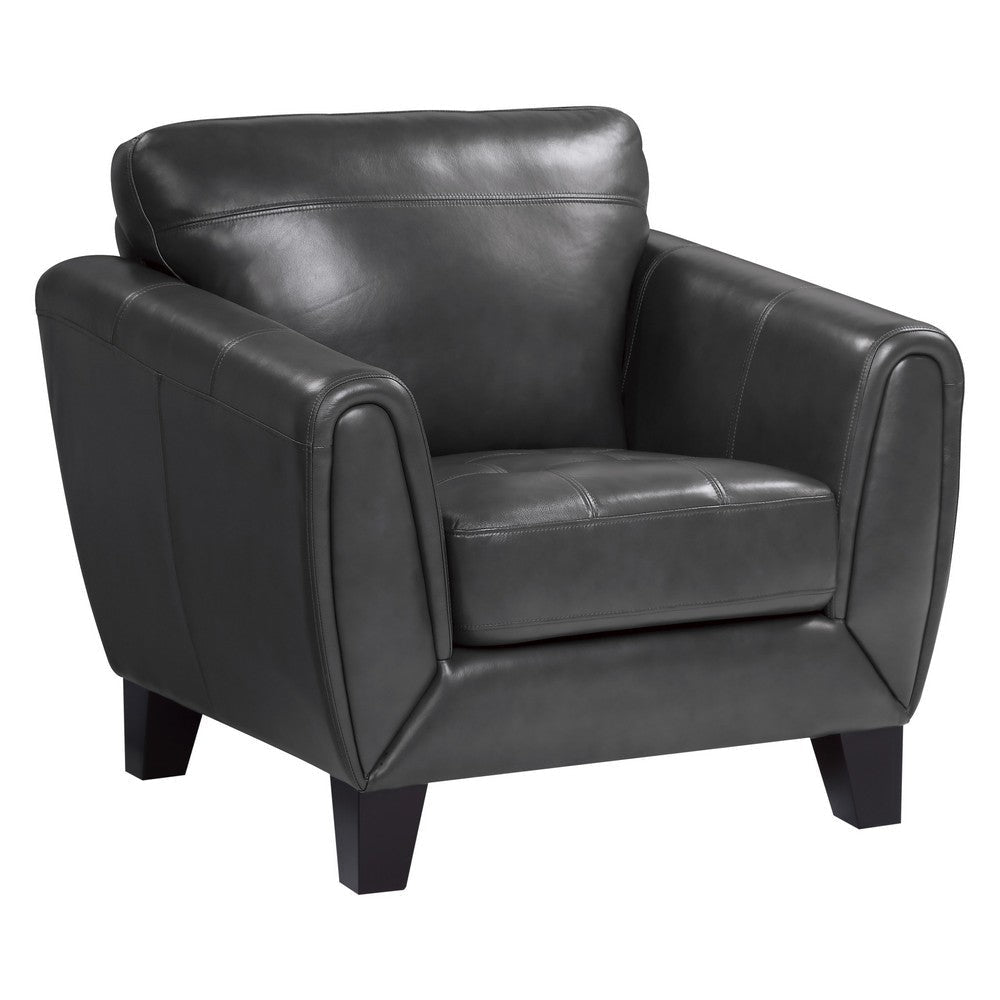 Sofy 37 Inch Accent Chair, Dark Gray Top Grain and Faux Leather, Solid Wood By Casagear Home