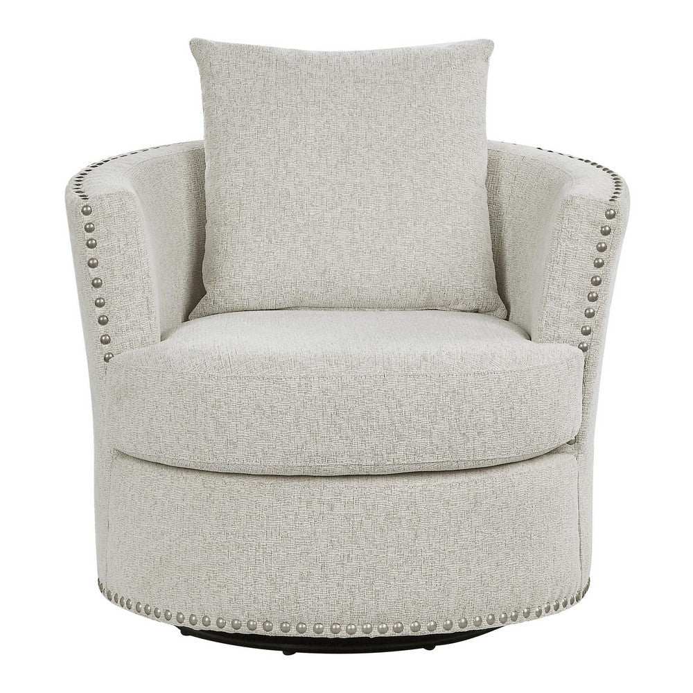 Meil 34 Inch Swivel Accent Chair Beige Chenille Nailhead Trim Solid Wood By Casagear Home BM316335