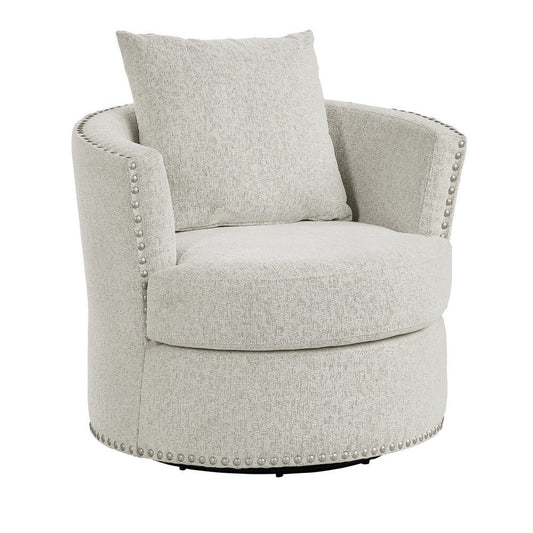 Meil 34 Inch Swivel Accent Chair, Beige Chenille, Nailhead Trim, Solid Wood By Casagear Home