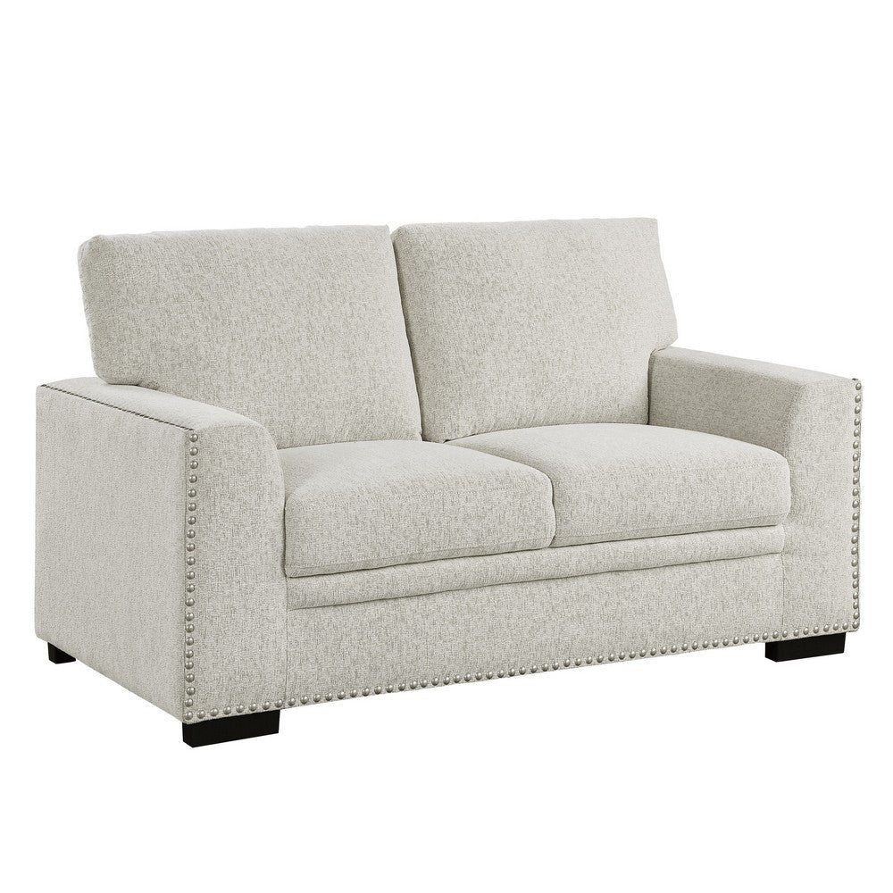 Meil 62 Inch Loveseat, Beige Chenille, Nailhead Trim, Foam Cushions, Wood By Casagear Home