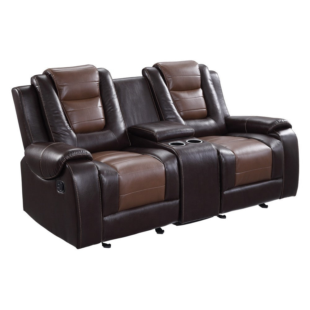 Istro 76 Inch Dual Manual Recliner Loveseat, Console, Brown Faux Leather By Casagear Home