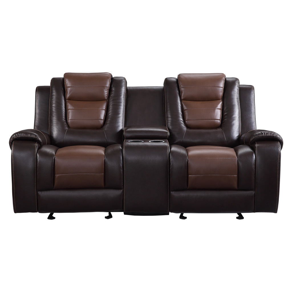 Istro 76 Inch Dual Manual Recliner Loveseat Console Brown Faux Leather By Casagear Home BM316339