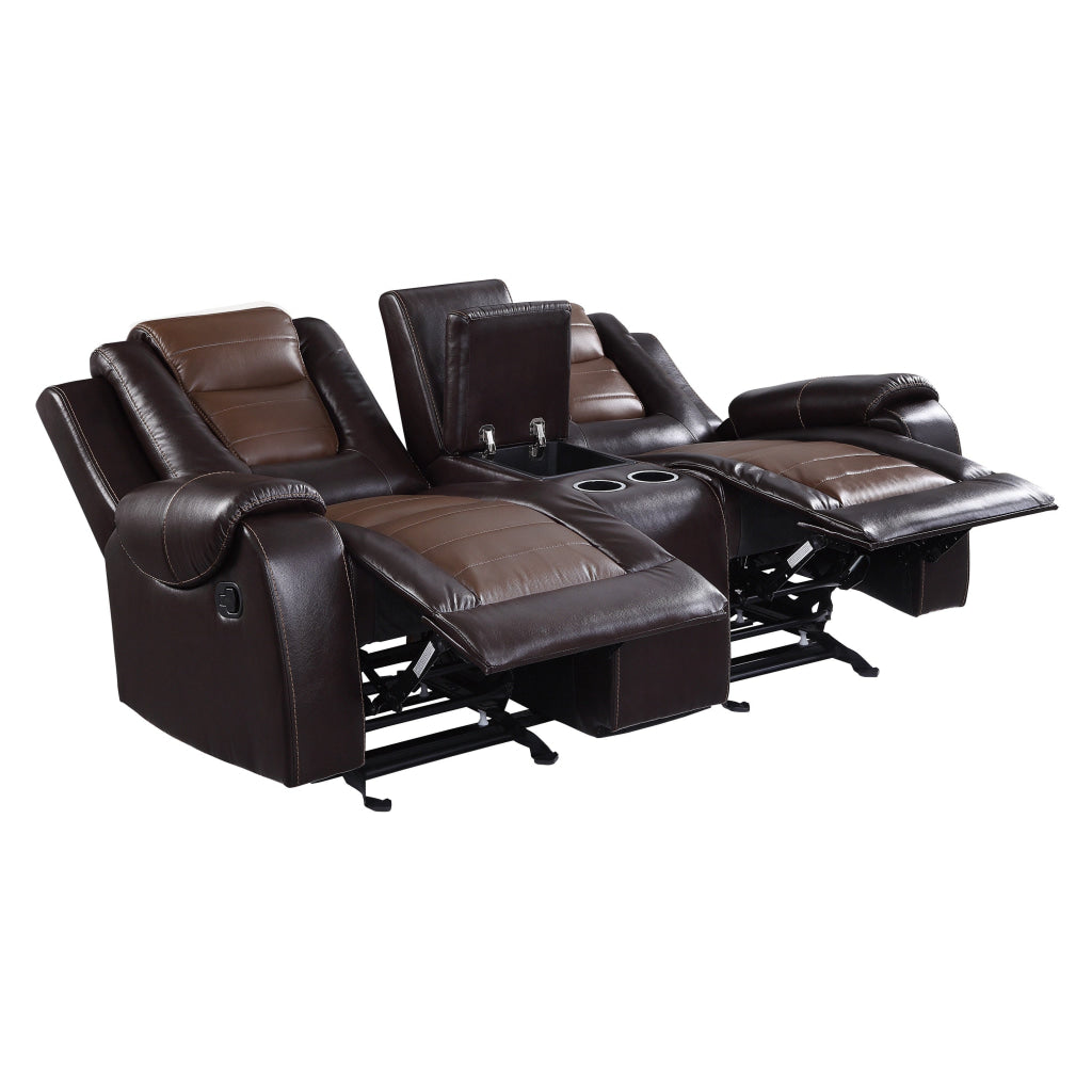 Istro 76 Inch Dual Manual Recliner Loveseat Console Brown Faux Leather By Casagear Home BM316339