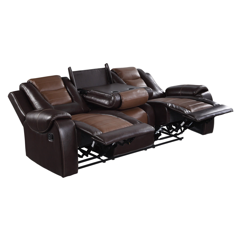 Istro 86 Inch Manual Recliner Sofa Drop Down Table Brown Faux Leather By Casagear Home BM316340