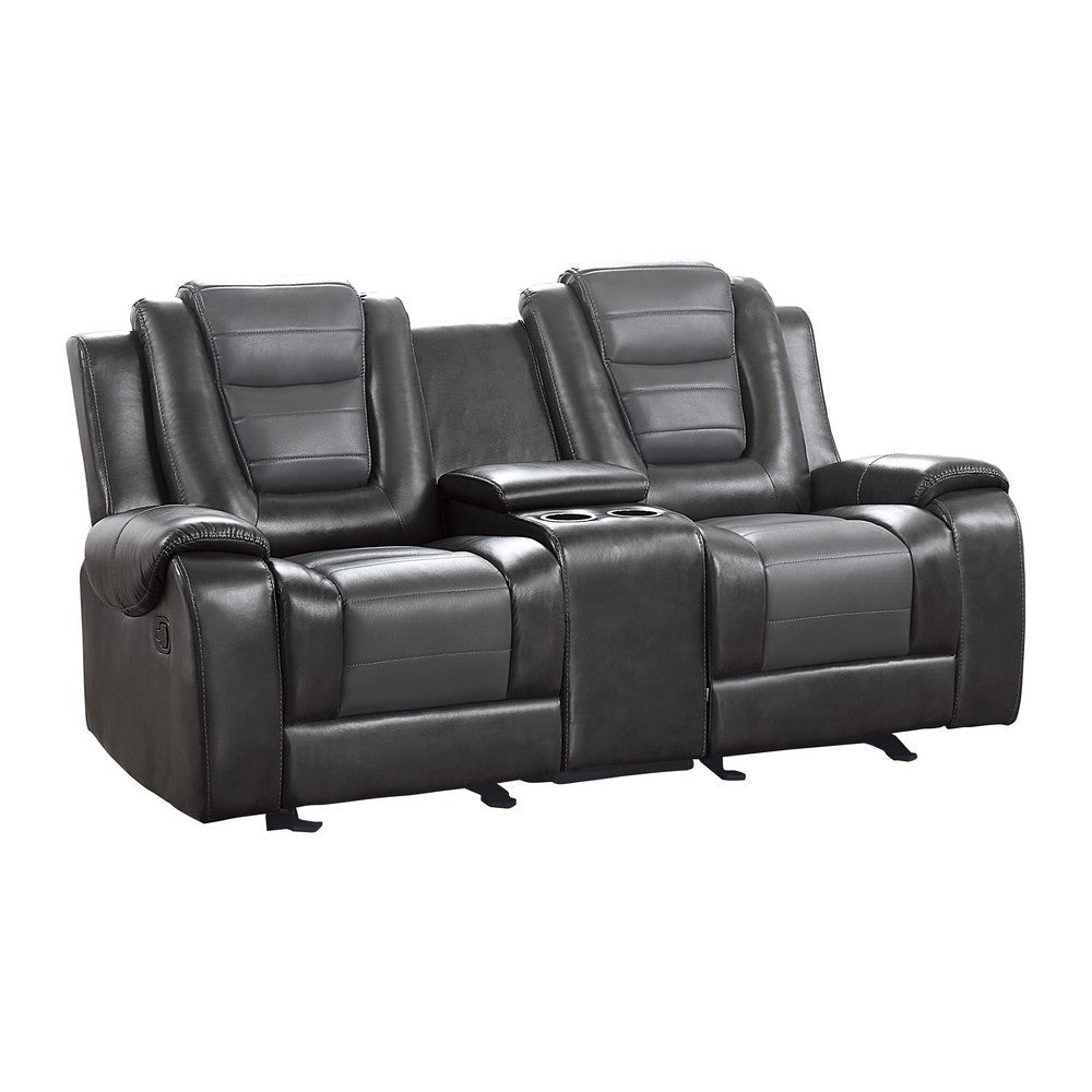 Istro 76 Inch Manual Recliner Loveseat, Cupholder Console Gray Faux Leather By Casagear Home