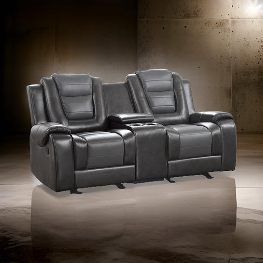 Istro 76 Inch Manual Recliner Loveseat, Cupholder Console Gray Faux Leather By Casagear Home