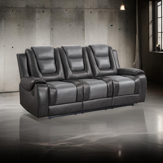 Istro 86 Inch Dual Manual Recliner Sofa, Drop Table, Gray Faux Leather By Casagear Home