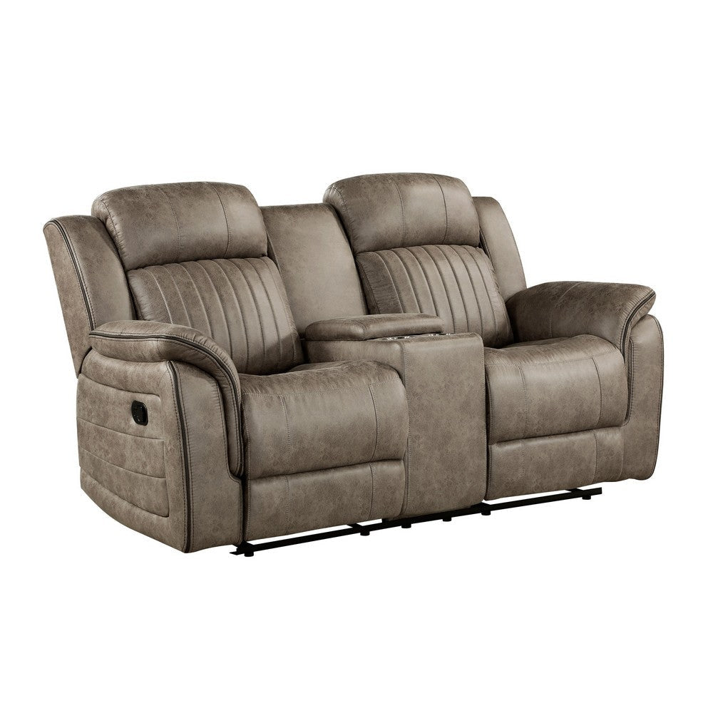 Bento 74 Inch Manual Recliner Loveseat, Console, Sandy Brown Microfiber By Casagear Home