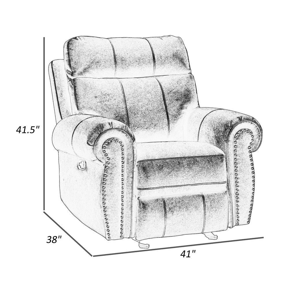 Ville 38 Inch Glider Manual Recliner Chair Nailhead Brown Faux Leather By Casagear Home BM316351