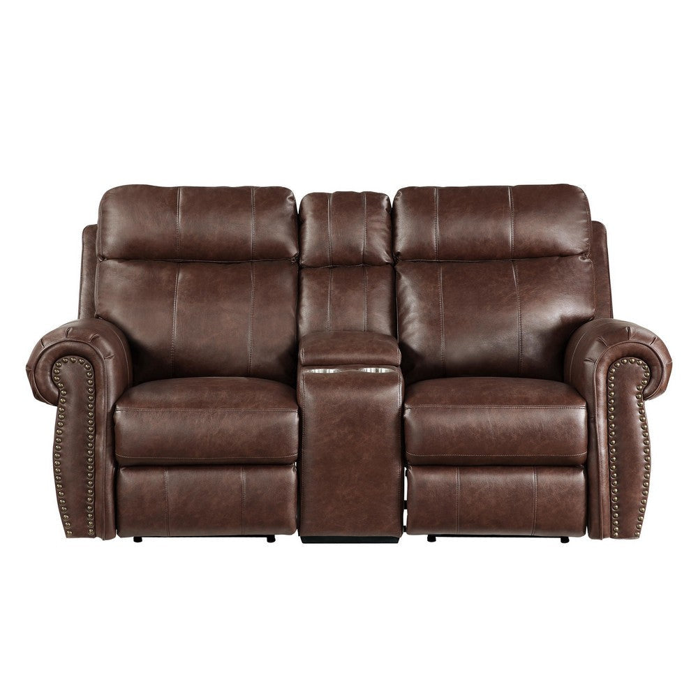 Ville 75 Inch Power Recliner Loveseat USB Console Brown Faux Leather By Casagear Home BM316354