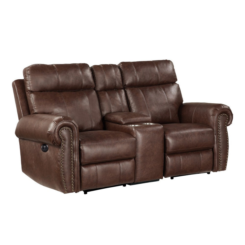 Ville 75 Inch Power Recliner Loveseat, USB, Console, Brown Faux Leather By Casagear Home