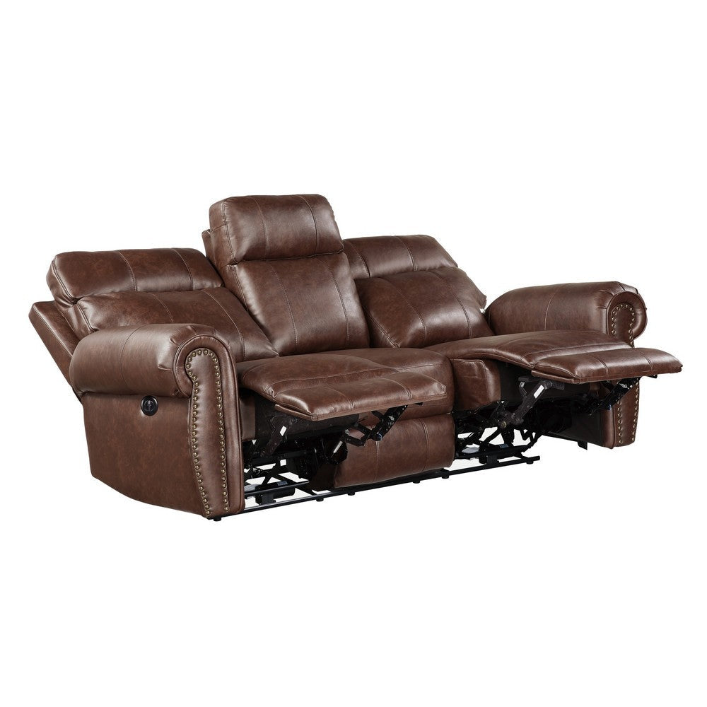 Ville 83 Inch Power Double Recliner Sofa USB Charger Brown Faux Leather By Casagear Home BM316356