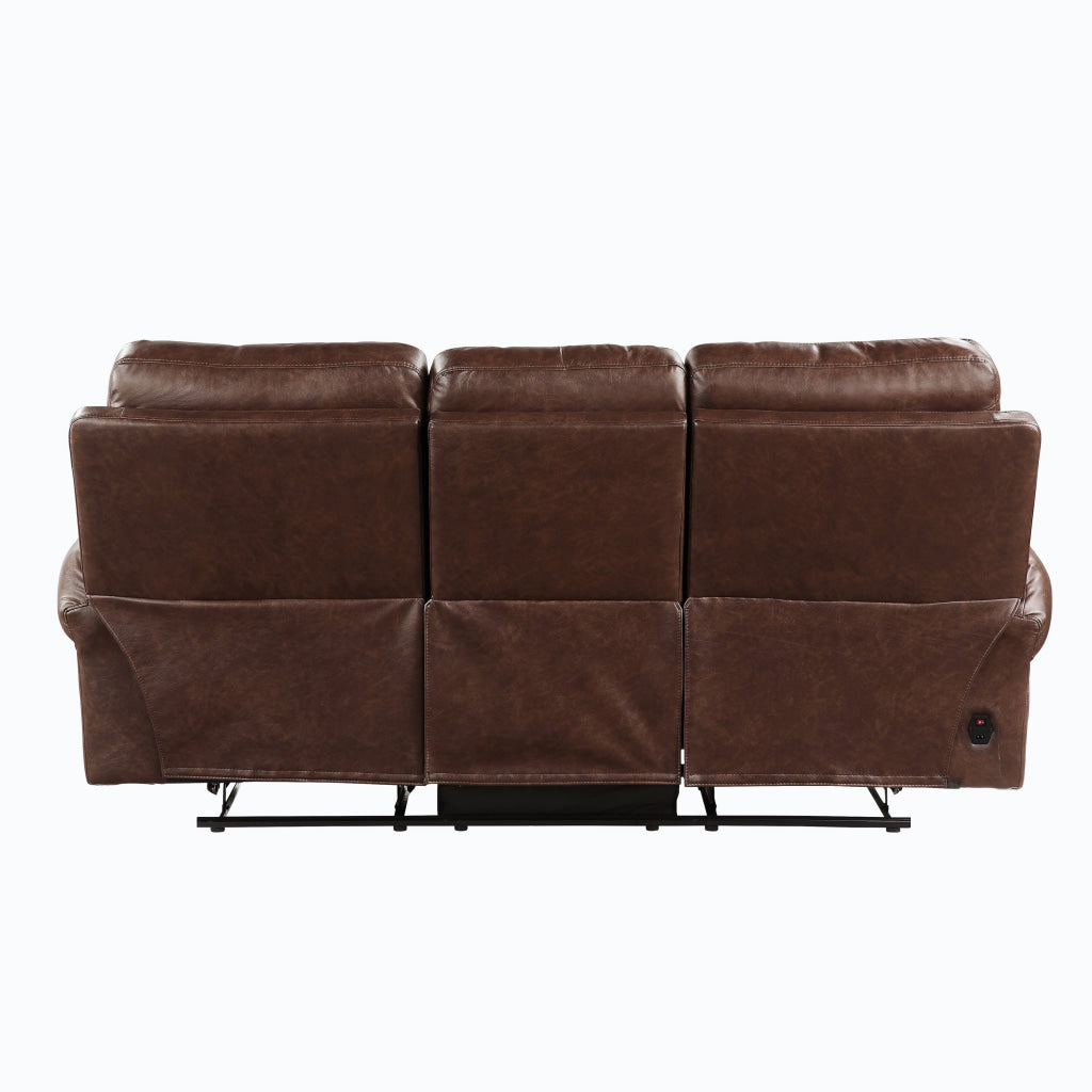 Ville 83 Inch Power Double Recliner Sofa USB Charger Brown Faux Leather By Casagear Home BM316356