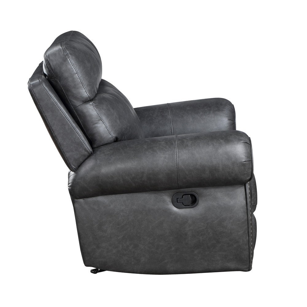 Ville 38 Inch Manual Glider Recliner Chair Tab Pull Gray Faux Leather By Casagear Home BM316357