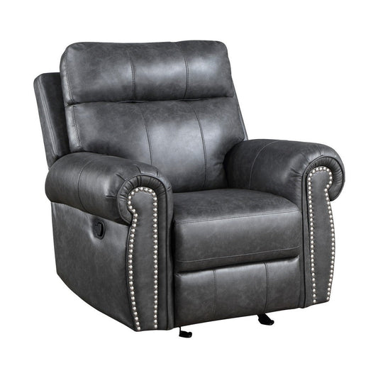 Ville 38 Inch Manual Glider Recliner Chair, Tab Pull, Gray Faux Leather By Casagear Home