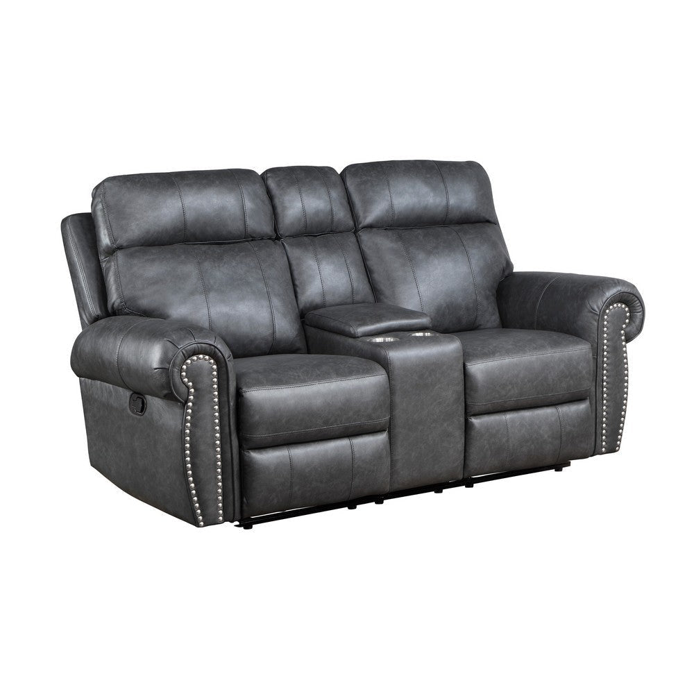 Ville 75 Inch Manual Recliner Loveseat, Storage Console, Gray Faux Leather By Casagear Home