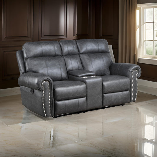 Ville 75 Inch Manual Recliner Loveseat, Storage Console, Gray Faux Leather By Casagear Home