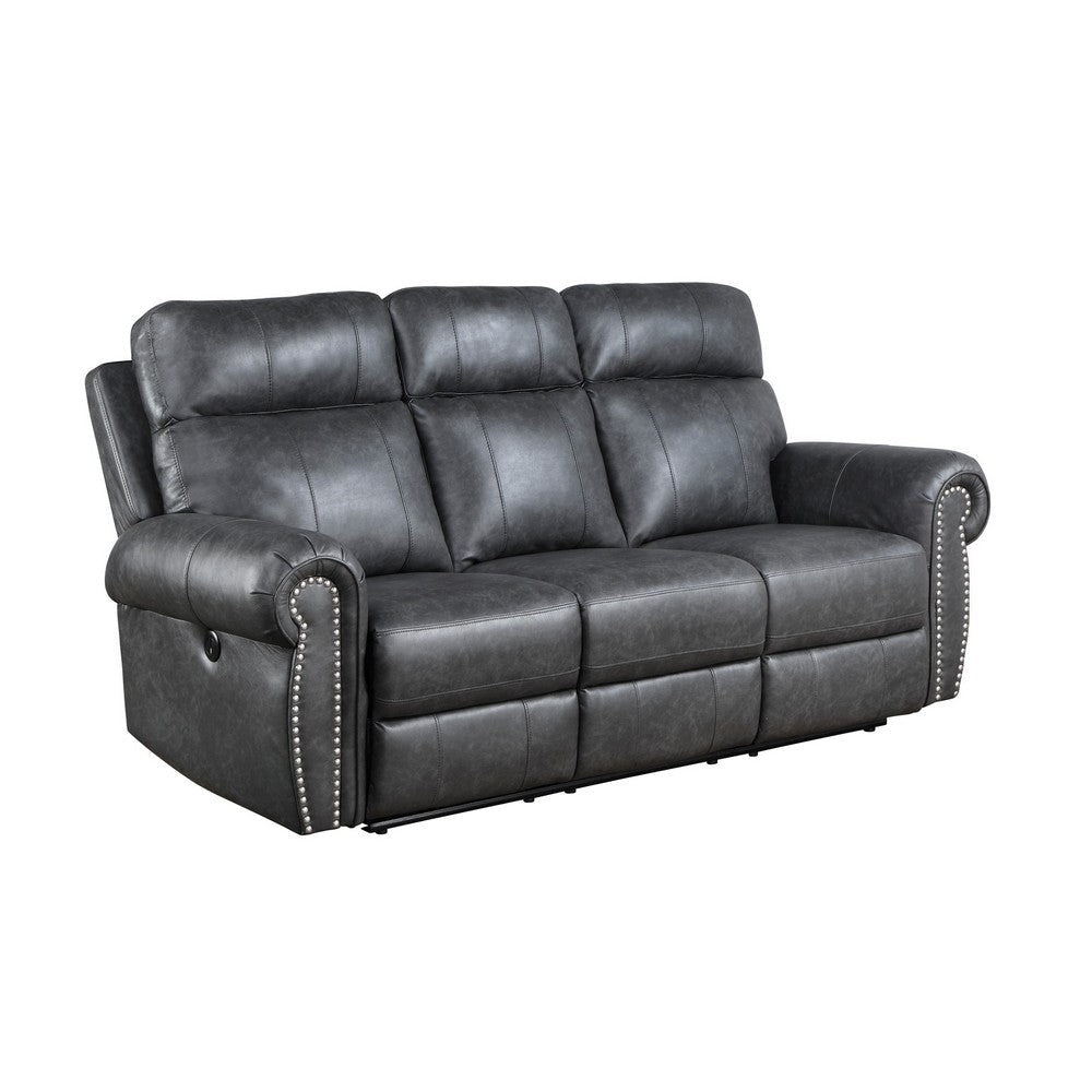 Ville 83 Inch Power Double Recliner Sofa, USB Charging, Gray Faux Leather By Casagear Home