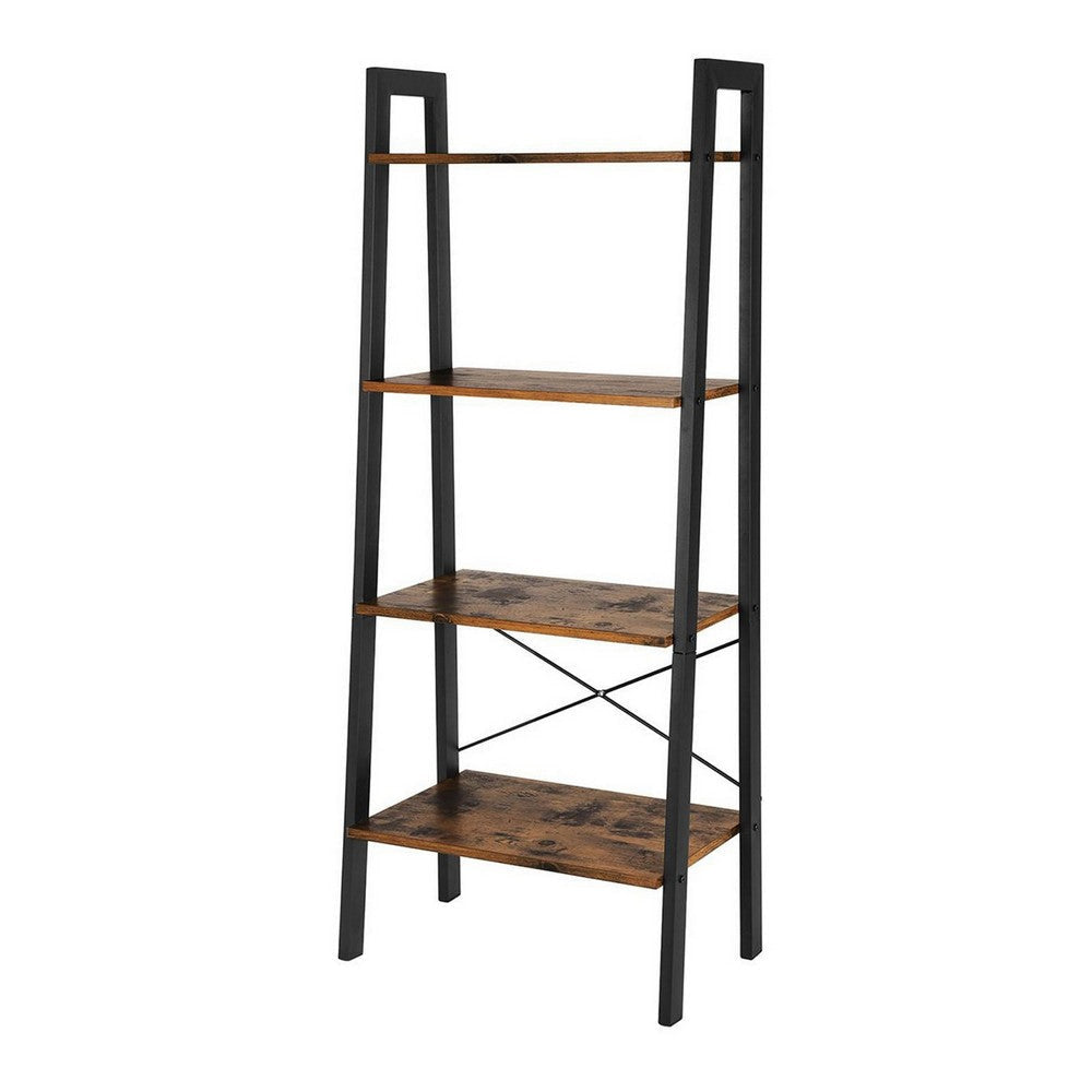 54 Inch Ladder Bookcase 4 Tier Angled Wood Shelves Black Iron Frame By Casagear Home BM316385