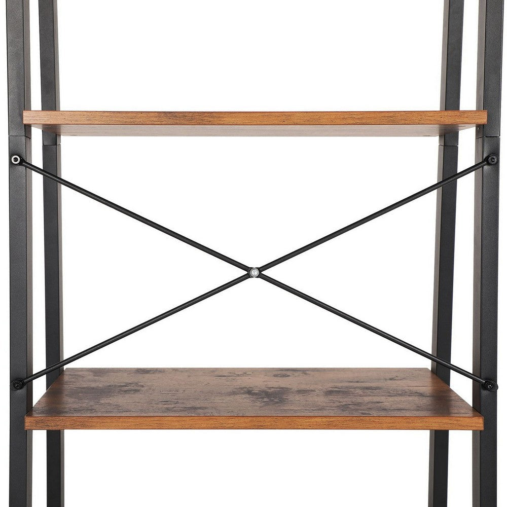 54 Inch Ladder Bookcase 4 Tier Angled Wood Shelves Black Iron Frame By Casagear Home BM316385