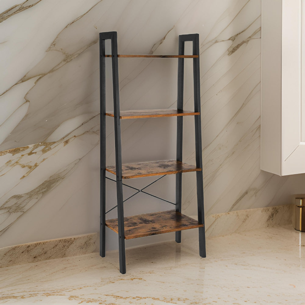 54 Inch Ladder Bookcase 4 Tier Angled Wood Shelves Black Iron Frame By Casagear Home BM316385