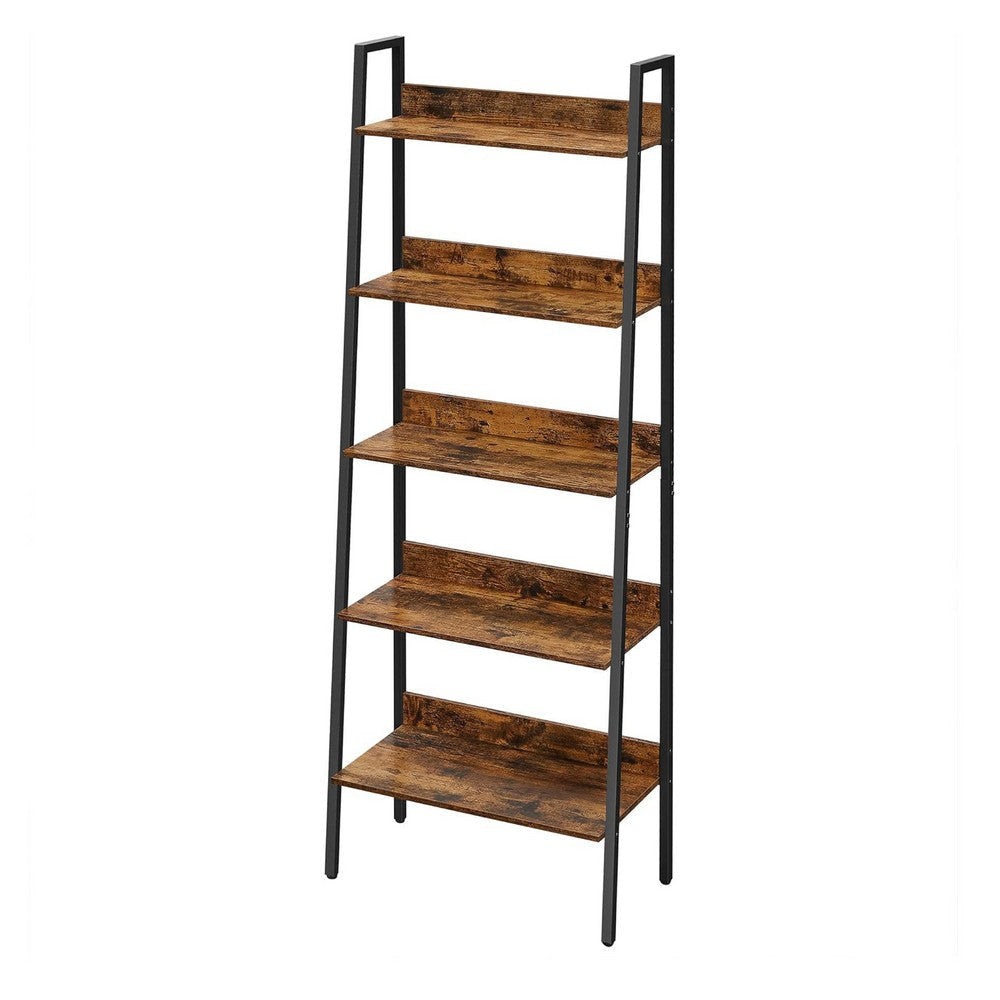 70 Inch Ladder Bookcase 5 Tier Angled Wood Shelves Black Iron Frame By Casagear Home BM316386