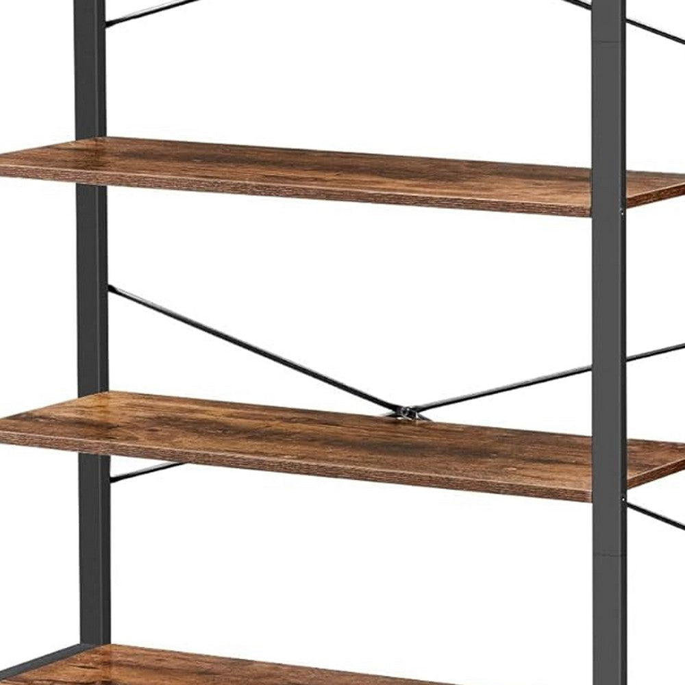 Bess 73 Inch Ladder Bookcase 6 Tier Shelves X Crossbar Brown Black Iron By Casagear Home BM316388