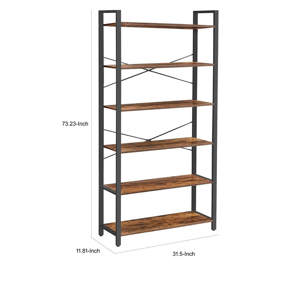 Bess 73 Inch Ladder Bookcase 6 Tier Shelves X Crossbar Brown Black Iron By Casagear Home BM316388