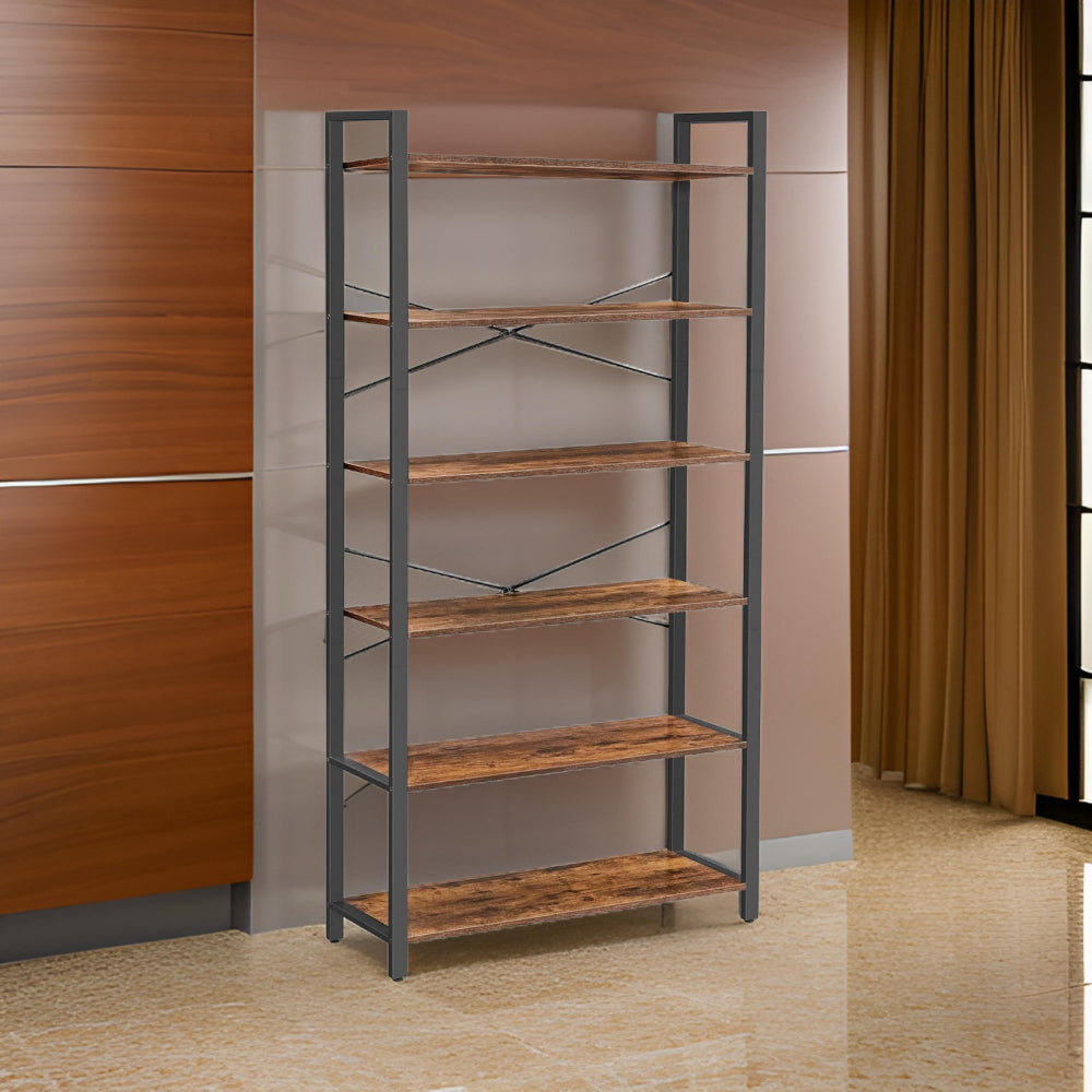 Bess 73 Inch Ladder Bookcase 6 Tier Shelves X Crossbar Brown Black Iron By Casagear Home BM316388