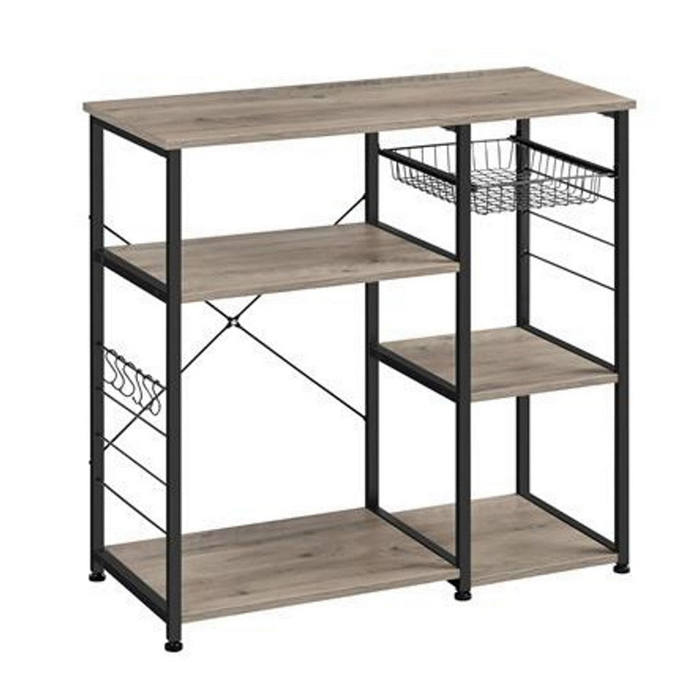 Elva 35 Inch Kitchen Rack 4 Tier Shelves Wire Basket Greige Wood Black By Casagear Home BM316390