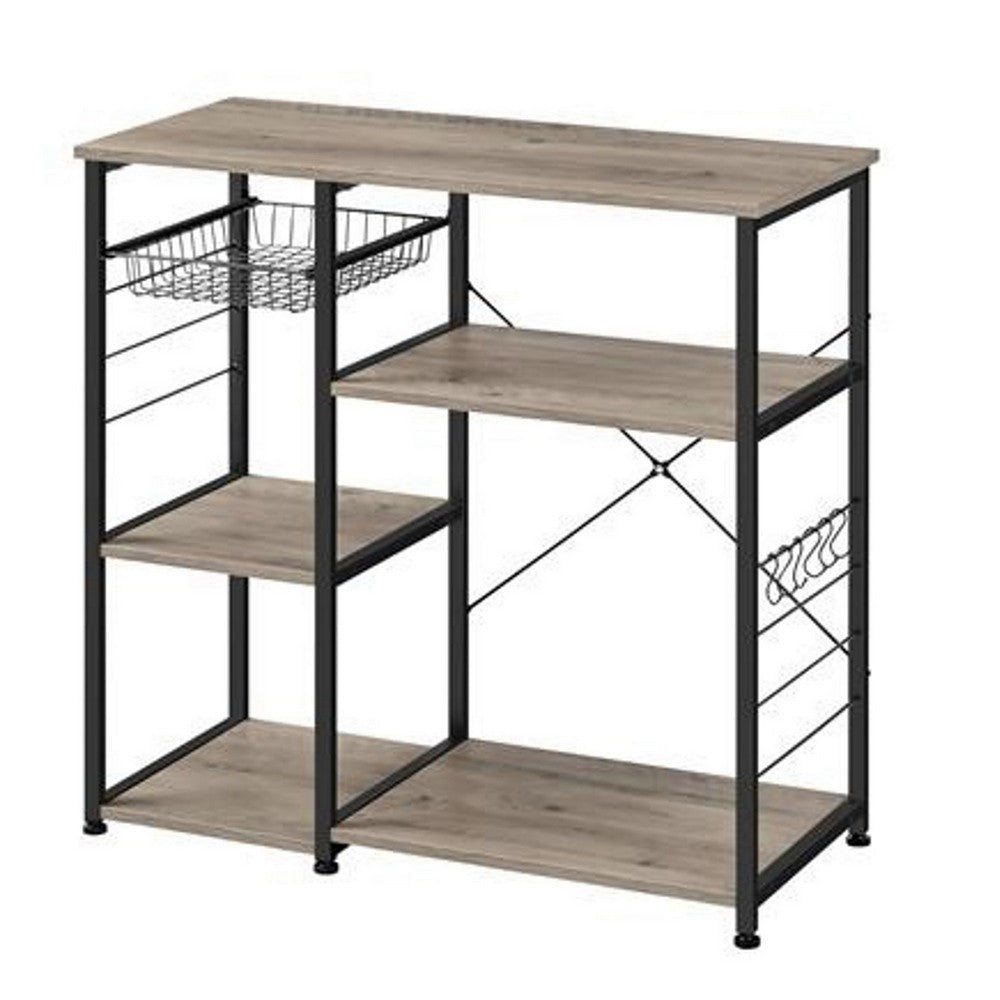 Elva 35 Inch Kitchen Rack 4 Tier Shelves Wire Basket Greige Wood Black By Casagear Home BM316390