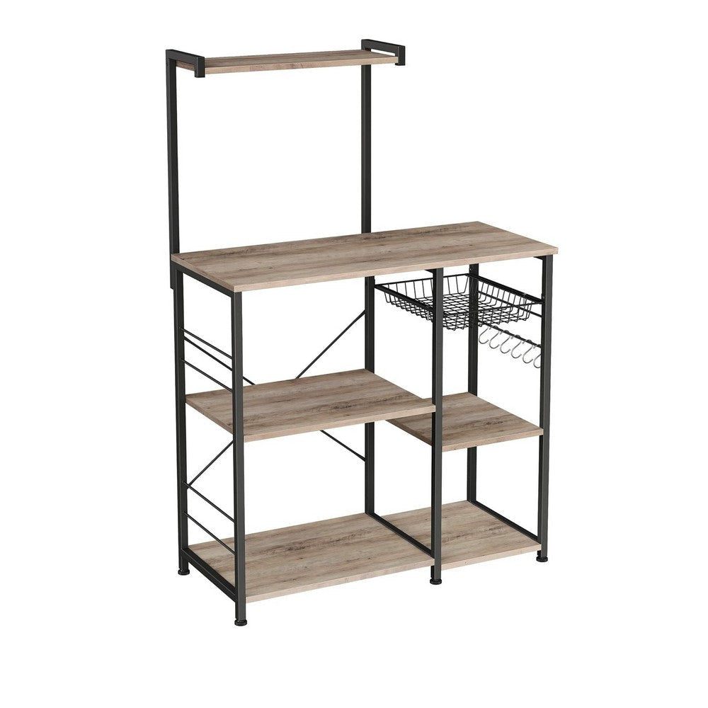 Elva 52 Inch Kitchen Rack 4 Tier Shelves Wire Basket Brown Wood Black By Casagear Home BM316391