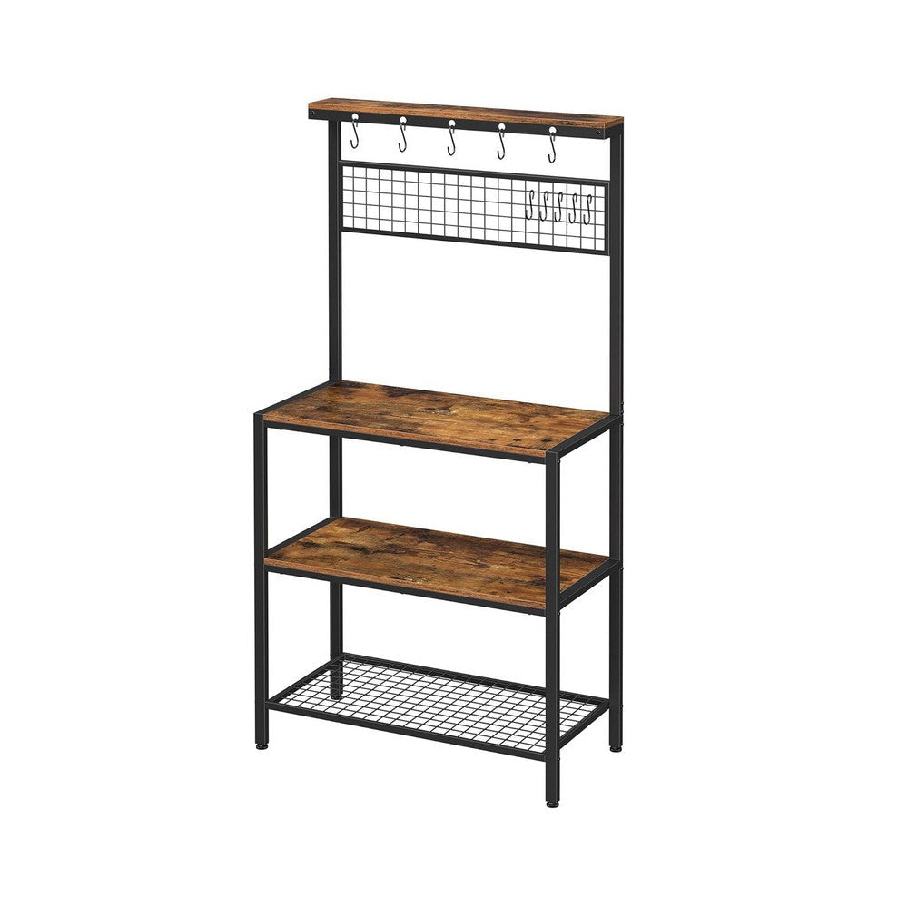 70 Inch Kitchen Baker Rack 3 Tier Shelf Grid Panel with Hooks Black Iron By Casagear Home BM316392