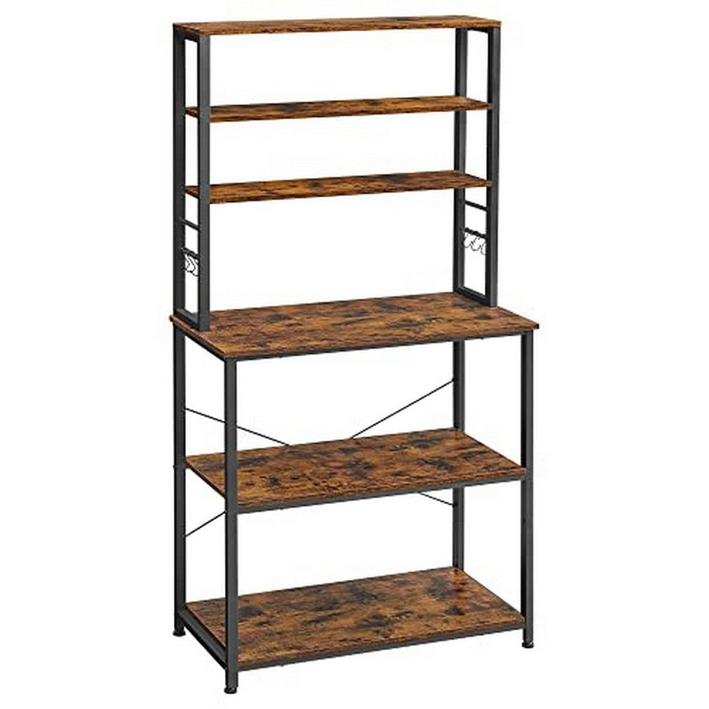 Gina 66 Inch Kitchen Baker Rack 6 Tier Light Brown Shelves Hooks Black By Casagear Home BM316395