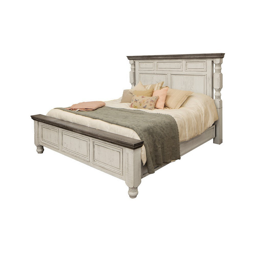 Sim King Size Bed Farmhouse Turned Headboard Gray Ivory White Pine Wood By Casagear Home BM316405