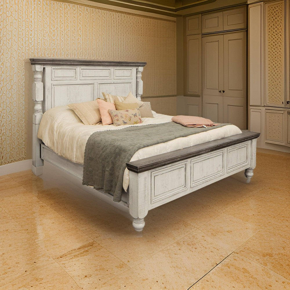 Sim King Size Bed Farmhouse Turned Headboard Gray Ivory White Pine Wood By Casagear Home BM316405