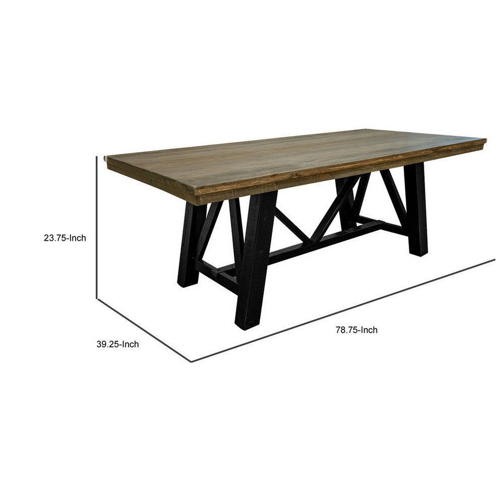 Pola 79 Inch Dining Table Farmhouse Brown Rectangular Wood Black Base By Casagear Home BM316411