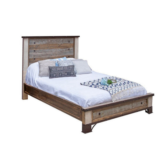 Fena California King Bed, Rustic Panel, Iron Nailhead Trim Brown Solid Wood By Casagear Home