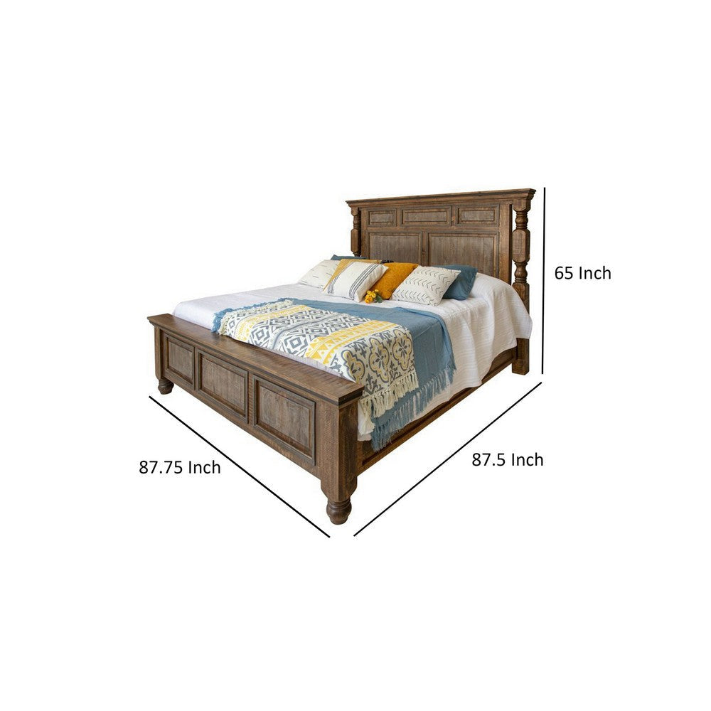 Sim King Size Bed Farmhouse Turned Headboard Gray Brown Solid Pine Wood By Casagear Home BM316424