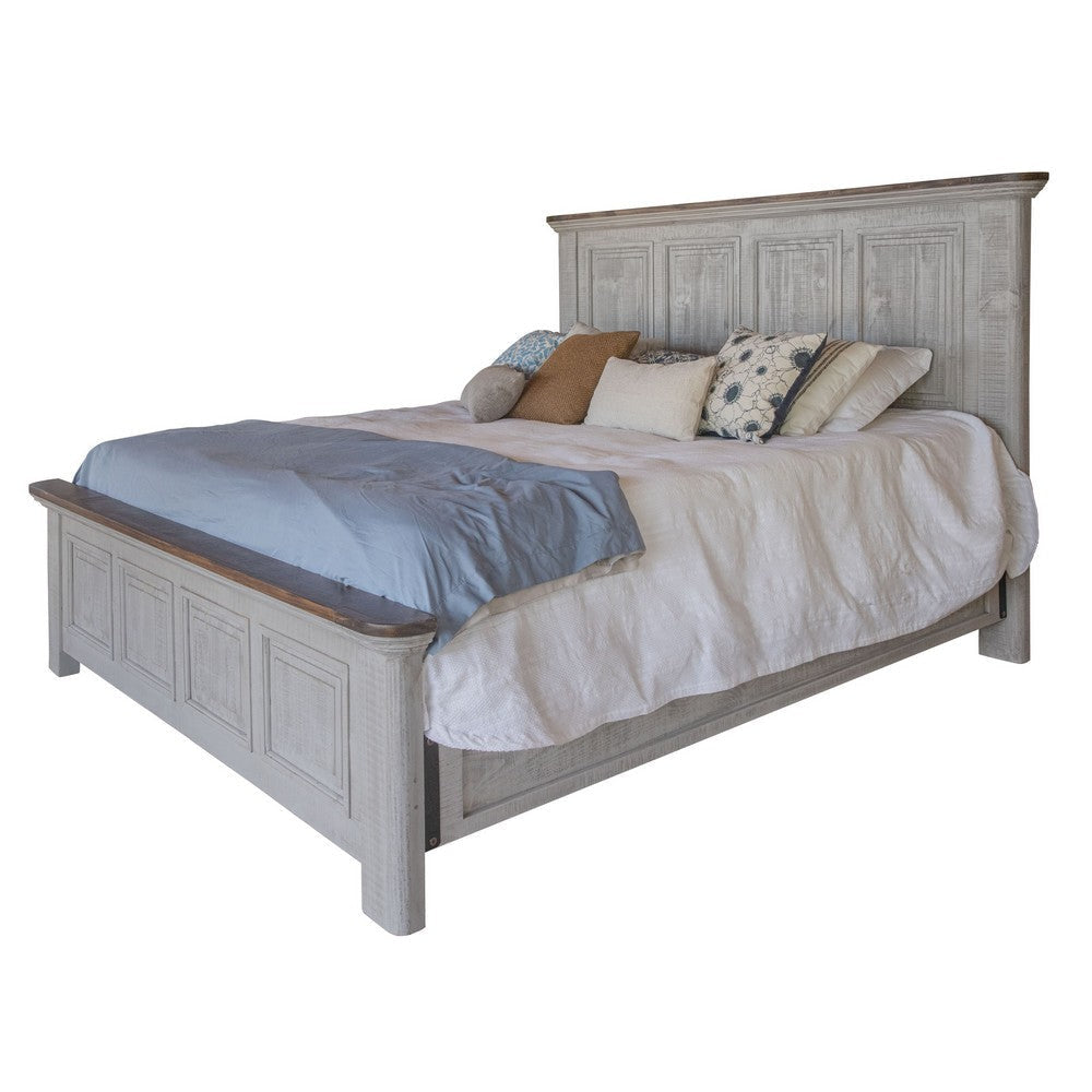 Fin King Size Bed Farmhouse Gray Panel Headboard Brown Accent Wood Top By Casagear Home BM316425