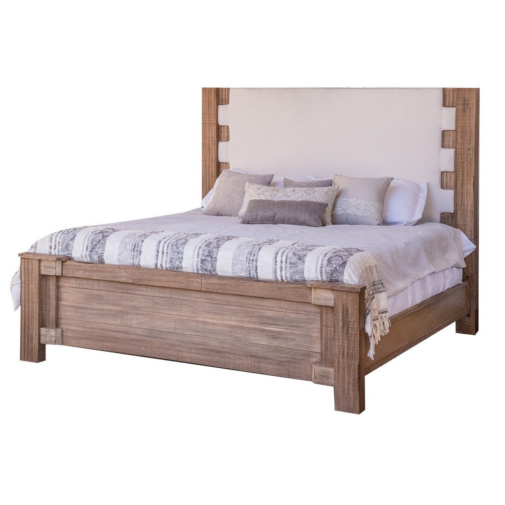 Gin Queen Size Bed White Upholstered Headboard Farmhouse Brown Mango Wood By Casagear Home BM316428