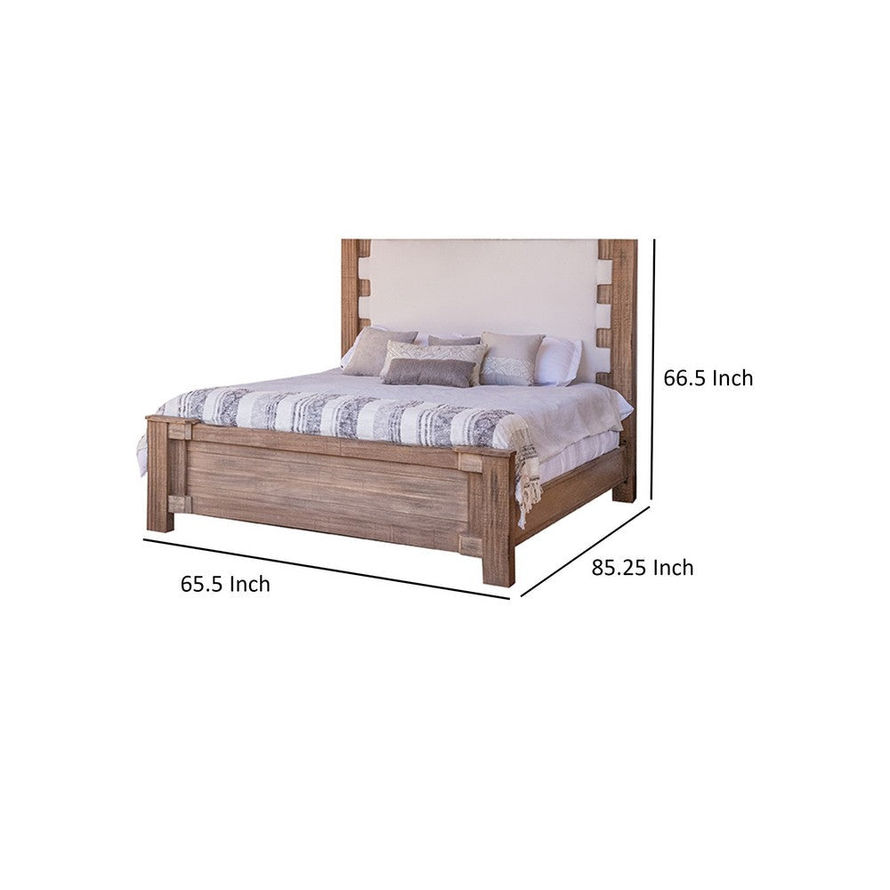 Gin Queen Size Bed White Upholstered Headboard Farmhouse Brown Mango Wood By Casagear Home BM316428