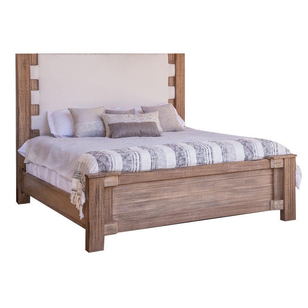 Gin King Size Bed, White Upholstered Headboard, Farmhouse Brown Mango Wood By Casagear Home